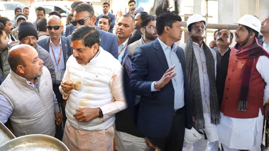 डॉ. यादव ने निर्माणाधीन गीता भवन का अवलोकन किया, स्थानीय लोगों के साथ चाय की चुस