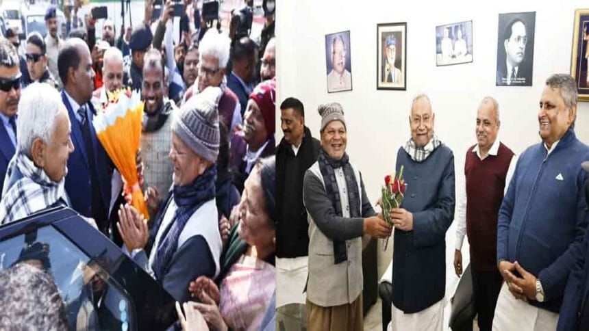 राजनीतिक मेलजोल: जदयू के दही-चूड़ा भोज में पहुंचे नीतीश कुमार, भाजपा दफ्तर में भ