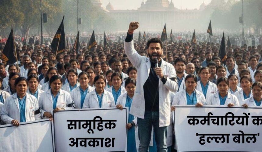 नौ सूत्रीय मांगों को लेकर आउटसोर्स कर्मचारी करेंगे हड़ताल, काली पट्टी में जताया
