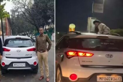 नेशनल बैडमिंटन खिलाड़ी श्रेष्ठ परमार का खतरनाक स्टंट, कार की छत पर जान जोखिम में