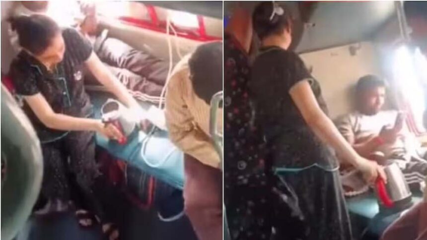 लोअर बर्थ पर चाय बनाने वाली महिला का वीडियो वायरल, ट्रेन में बनी ‘किचन’