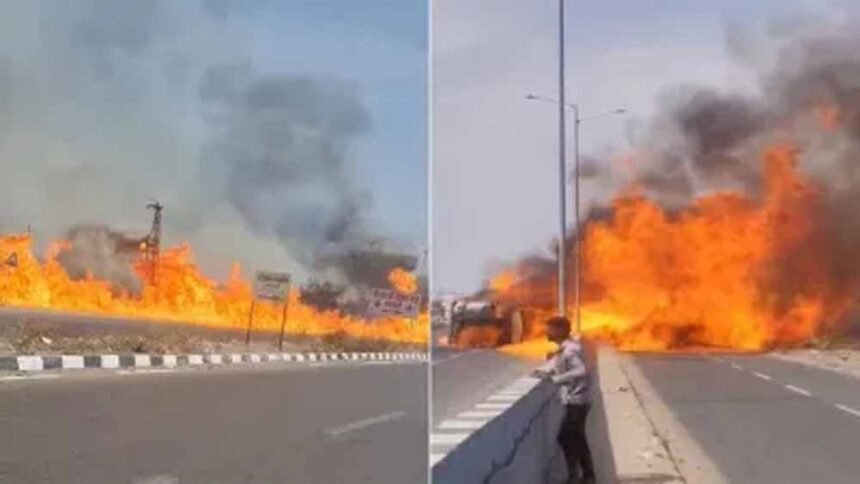 हाईवे बना आग का दरिया: तेल टैंकर हादसे के बाद 200 मीटर तक फैली लपटें, एक व्यक्ति